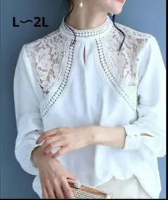 【新品】ドレスな立ち襟　肩を飾る魅力的シアーレースのきれいめブラウス