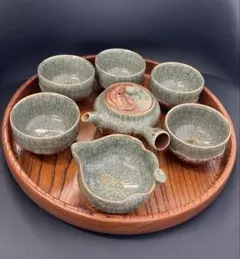 大堀相馬焼 煎茶器 7点セット 急須・湯冷まし・湯呑 二重焼 金彩駒