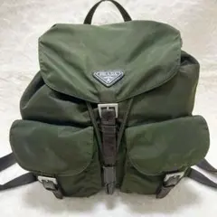 【美品】プラダ　三角ロゴ　リュック　ナイロン　レザー　カーキ