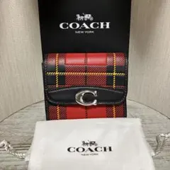 COACH三つ折り財布、チェック柄赤黒（極美品）