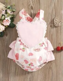 ハートサロペット♡ハートとフルーツ柄ロンパース