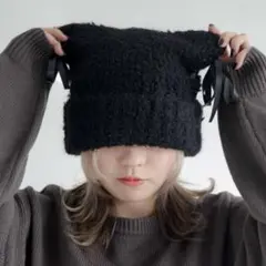 WEGO レースアップネコミミニットキャップ ブラック