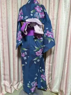 未使用のブルーに紫の花柄入木綿浴衣と紫とシルバーのリバーシブル半幅帯セット