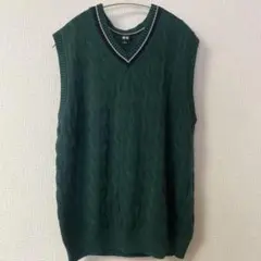 UNIQLO ダークグリーン ケーブルVネック ニットベスト L