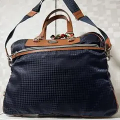 美品✨オロビアンコ　ショルダーバッグ　2way 千鳥柄　ナイロン　レザー　紺色