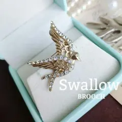 鳥 燕 バード スワロー ブローチ ゴールド クリスタル 羽根 オープンワーク