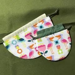 ハンドメイド　まんまる巾着袋中、少2個セット　ハシビロコウと花柄