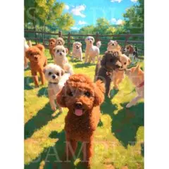 P157 ドッグランに遊びに来たトイプードルA4サイズ アート 犬 絵画
