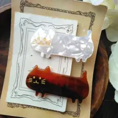 ねこ　猫　白　べっこう　茶色　ヘアピン　ヘアアクセサリー　ヘアクリップ　セット