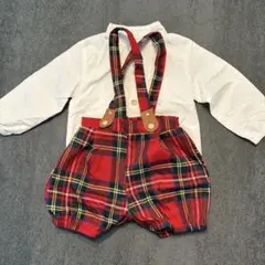 【一度着用】チェック　シャツ & オーバーオール クリスマス　男の子　２点セット