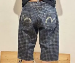 EVISU デニム　ハーフパンツ　ダメージ　チェック　柄　レア　パンツ　古着のサムネイル