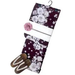 浴衣ジェンヌ 浴衣5点セット エンジ ポリエステル 花柄