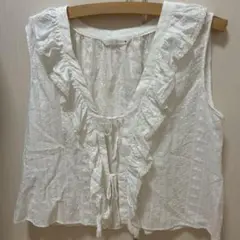 ZARA トップス　レディース　XL ホワイト フリル付きノースリーブトップス