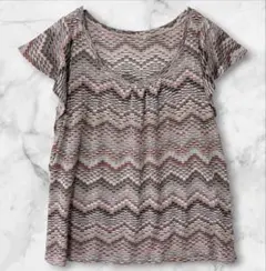 レトロ 幾何学 総柄 半袖 ニット カットソー ブラウン ブルー ゆったり L