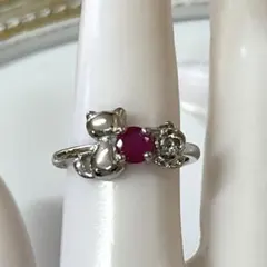 （A137)可愛い猫ちゃんと薔薇とルビー◆リング◆指輪