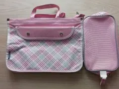 ピンク チェック柄 手提げ袋 上履き袋　チャック付き　入学、入園準備