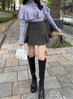 新品タグ付き✨グレイル インパン裏地付きリボンプリーツミニスカート グレー L