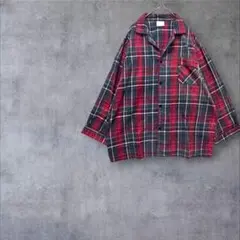 【フェイバリッツ】パジャマシャツ 部屋着　ゆったり チェック柄 赤　L