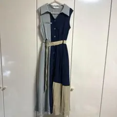 レディアゼル】タイ付き 配色 プリーツ切り替え ロング ワンピース S
