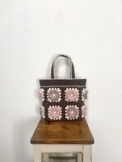 モチーフ編み　手編み　お花　コットン　バッグ　ハンドメイド　No.292