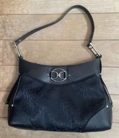 美品ダナキャラン OLD DKNY ロゴ総柄 革製ショルダーバッグハンドバッグ黒