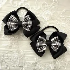匿名配送 （ブラック/チェック柄） リボンヘアゴム キッズ用 ゴム交換