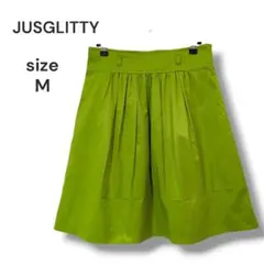 JUSGLITTY　タックフレアスカート　ひざ丈　M　グリーン　光沢感　上品のサムネイル