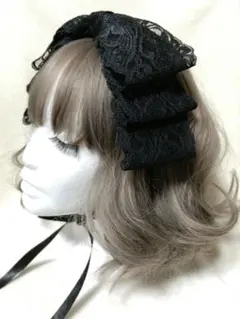 ヘッドドレス ハンドメイド ブラックレースリボン