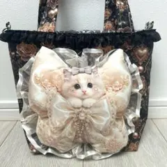 m*e様 【再出品】 ピンクドレス猫ちゃんフリル リボン トートバッグ