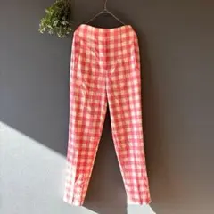 ザラ［XS］カジュアル可愛い◎大人ピンク◎ボックスチェック柄ハイウエストパンツ