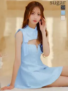 an 新作ツイードドレス　M ブルー　フレア　シュガー