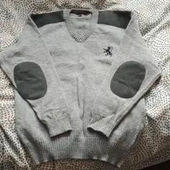 【試着のみ】スコットランド製100%ウールニット　セーター　肩肘あて　ブルー