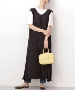 O584ナノユニバースロングワンピースノースリーブブラック黒無地プリーツAライン