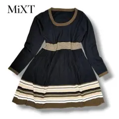 美品 MiXT ニットワンピース M 黒 長袖 膝丈 ボーダー Aライン 秋冬