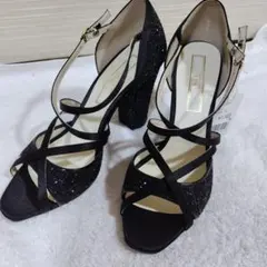 新品未使用タグ付 黒 R&E サテンストラップ グリッターサンダル 24.5cm