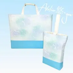 星座とユニコーン(グリーン)×ターコイズブルー　レッスンバッグ&上履き入れ