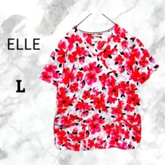 美品⭐エル 花柄 半袖シャツブラウス チュニック L 白 赤 総柄 華やか