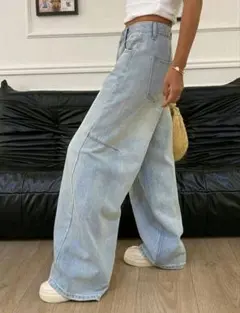 SHEIN ワイドレッグデニム バレルレッグ ライトブルー Mのサムネイル