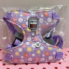 ★ペット★ハーネス&リードセット　紫　花柄　【M】メッシュ　反射材付き　犬猫