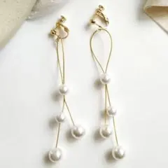 3連パール ロング レイヤー イヤリング ゴールド 韓国風