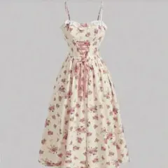 花柄 キャミワンピース レースアップ 装飾 ロング丈ワンピース
