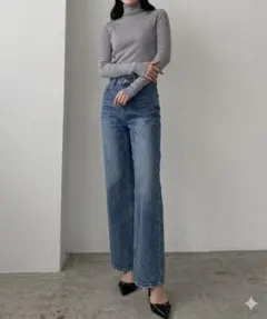 Louere ストレッチハイウエストストレートデニムパンツ ライトブルー