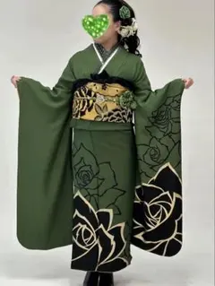 振袖フルセット　バラ　グリーン系