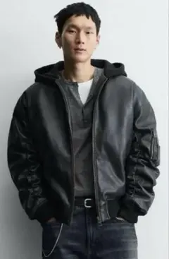 ZARA コントラストフード付きフェイクレザージャケット　Mサイズ