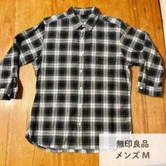 無印良品 ネイビー チェック柄 七分袖シャツ M 麻入り