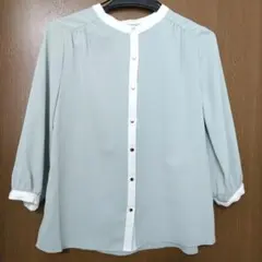 Honeys　GLACIER　配色バンドカラーブラウス　グリーン　Mサイズ