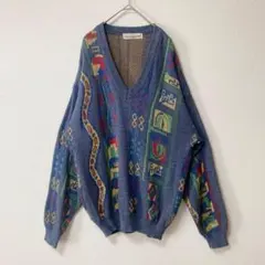 刺繍　ネイティブ柄　幾何学的　柄ニット　青　レトロ　古着　ヴィンテージ