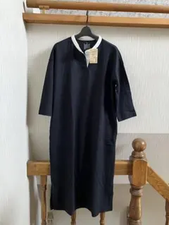未使用★無印良品オーガニックコットン黒スタンドカラー七分袖ワンピースM-L★