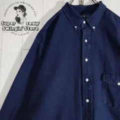 人気 ラルフローレン 長袖シャツ 2XL ネイビー オックス ボタンダウン 古着