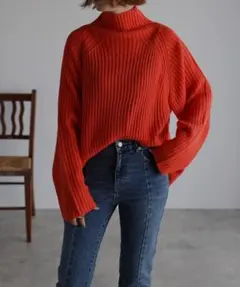 【Bonjour Sagan】未使用:オレンジ リブ編み ハイネックセーター